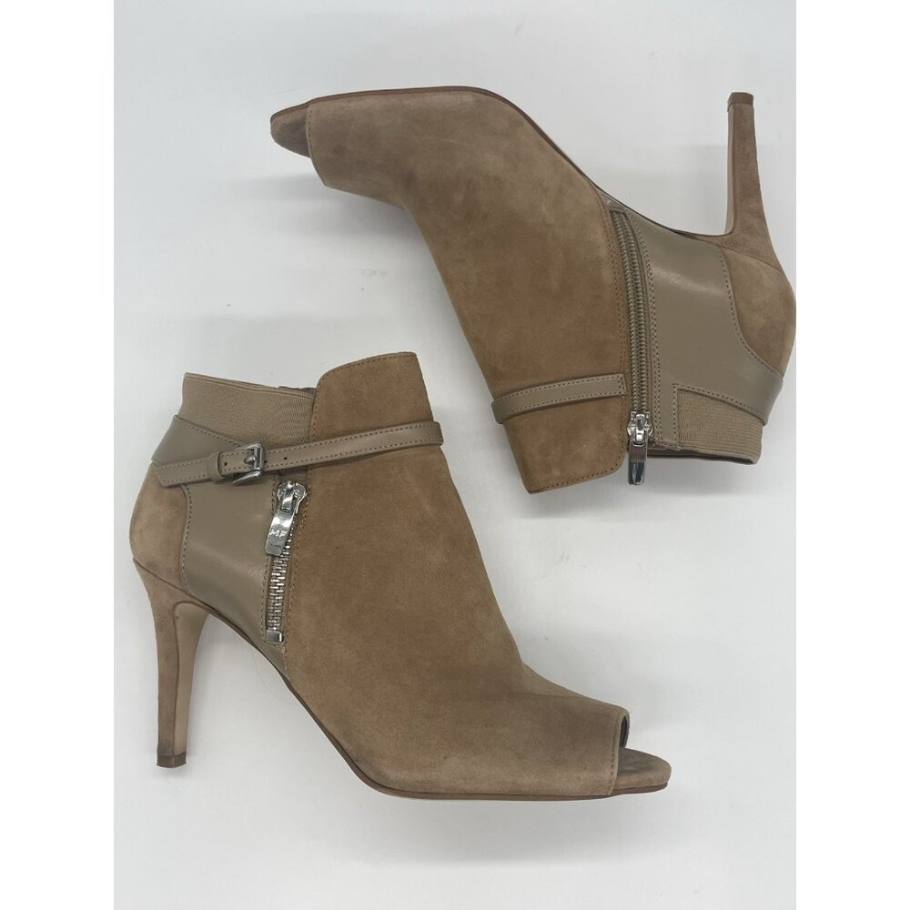 Marc Fisher Shimmee Camel Suede Peep-Toe Ankle Boots Booties Sz 7.5 Party Casual